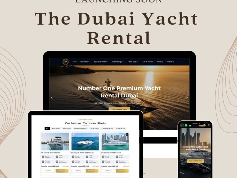 The Dubai Yacht Rental site, with charter listings and a date-based booking flow
