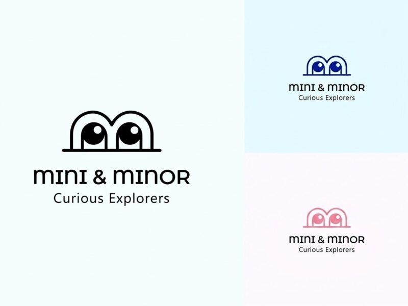Mini & Minor logo, a pair of eyes above the wordmark, shown in blue and pink