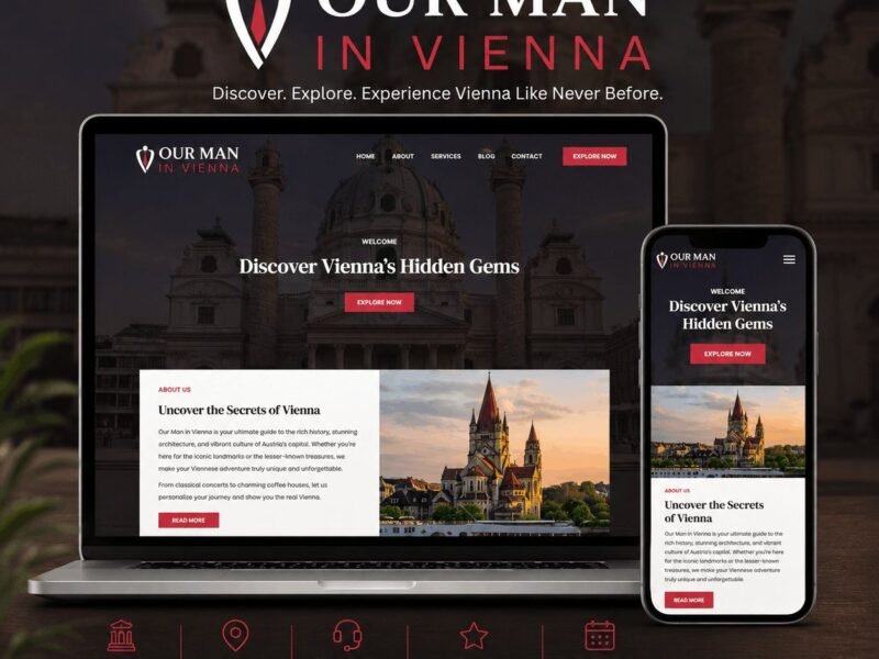 Our Man in Vienna, a city guide site with hidden-gem listings over a photograph of the Karlskirche