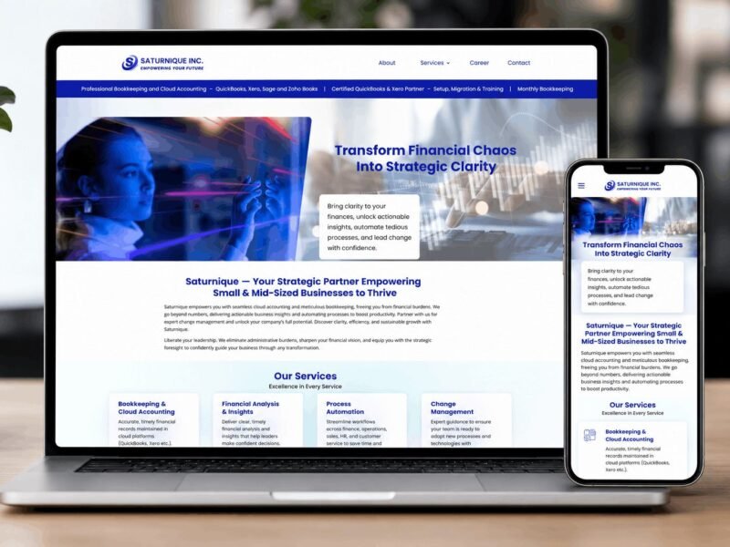 Saturnique Inc. corporate site with an about section, services menu and careers page