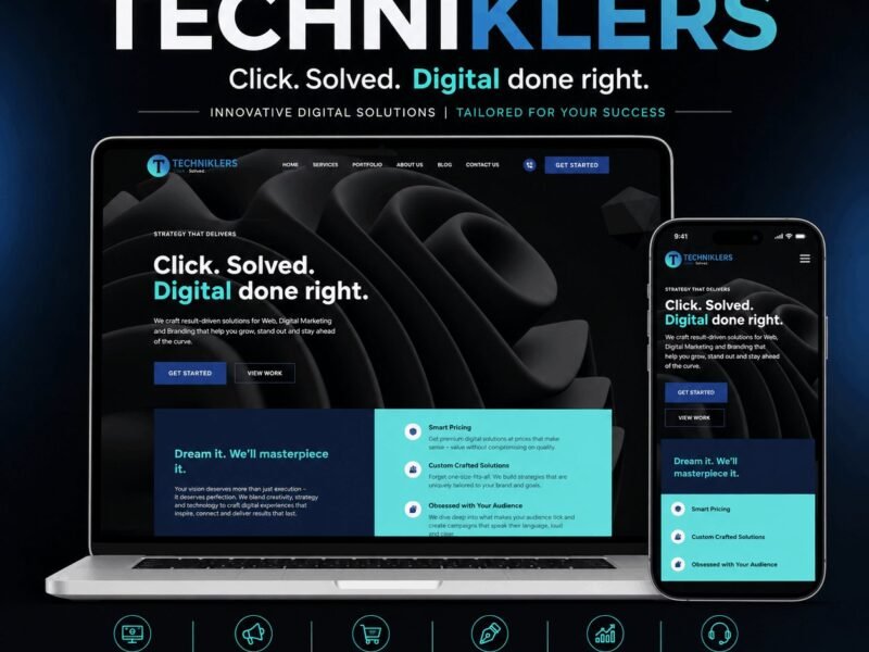 Techniklers site for a digital services agency, listing web design, SEO and e-commerce work