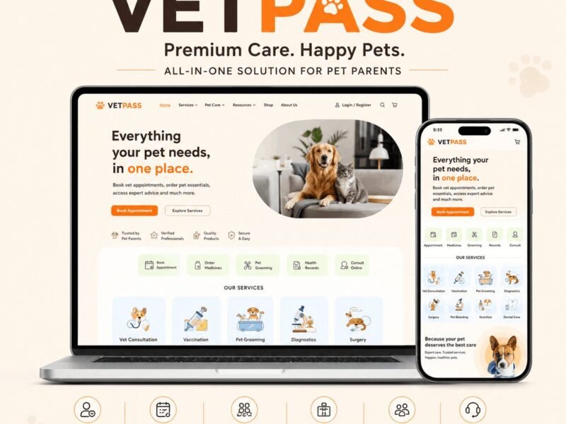 VetPass pet health platform, with appointment booking, vaccination records and a services grid