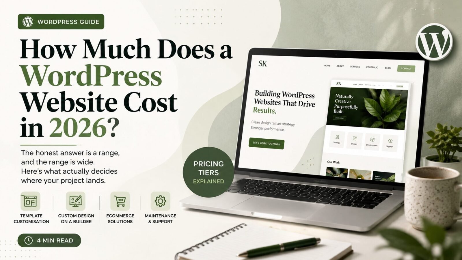 WordPress website cost in 2026 pricing guide showing website development tiers
